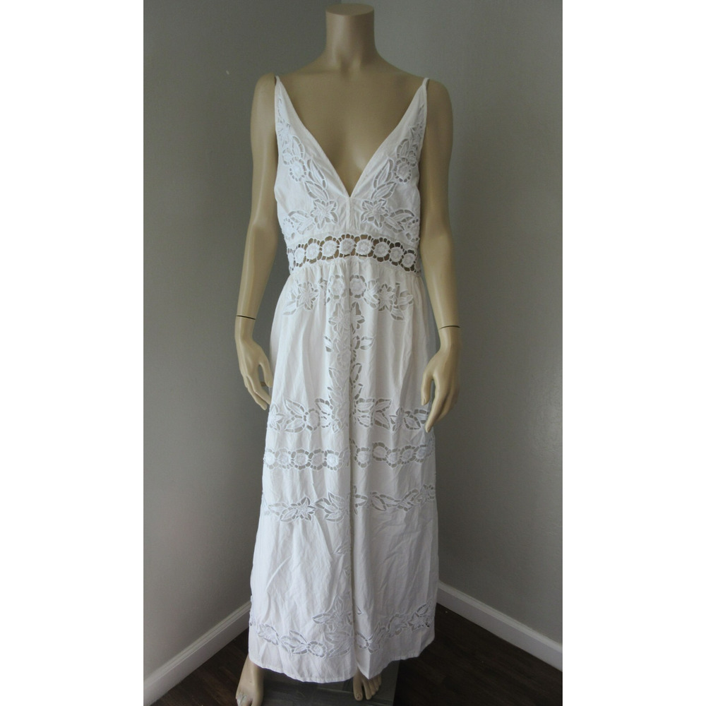 ANTHROPOLOGIE Vineet Bahl White Floral Cutout XL V-Neck Maxi Cotton Sleeveless